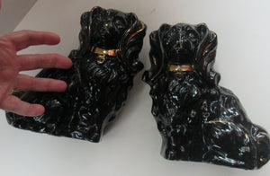 SCOTTISH POTTERY: Small Pair of Antique BO'NESS POTTERY Black Jackfield Style Spaniels with Gold Highlights