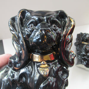SCOTTISH POTTERY: Small Pair of Antique BO'NESS POTTERY Black Jackfield Style Spaniels with Gold Highlights