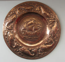 Load image into Gallery viewer, LARGE Antique NEWLYN School Charger. With Central Galleon Motif and a Frieze of Fishes Around the Rim. Inscribed on Reverse
