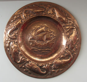 LARGE Antique NEWLYN School Charger. With Central Galleon Motif and a Frieze of Fishes Around the Rim. Inscribed on Reverse