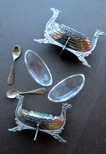 NORWEGIAN SILVER: Pair of Matching Viking Ship Salt Cellars. With Original Clear Glass Liner & Later Additional Spoons