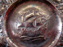 Load image into Gallery viewer, LARGE Antique NEWLYN School Charger. With Central Galleon Motif and a Frieze of Fishes Around the Rim. Inscribed on Reverse
