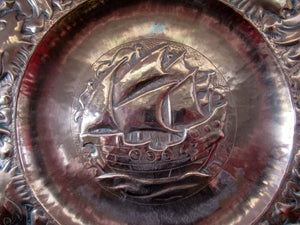 LARGE Antique NEWLYN School Charger. With Central Galleon Motif and a Frieze of Fishes Around the Rim. Inscribed on Reverse