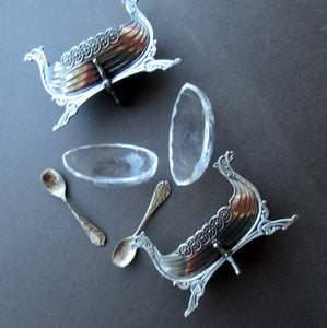 NORWEGIAN SILVER: Pair of Matching Viking Ship Salt Cellars. With Original Clear Glass Liner & Later Additional Spoons