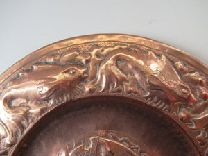 LARGE Antique NEWLYN School Charger. With Central Galleon Motif and a Frieze of Fishes Around the Rim. Inscribed on Reverse