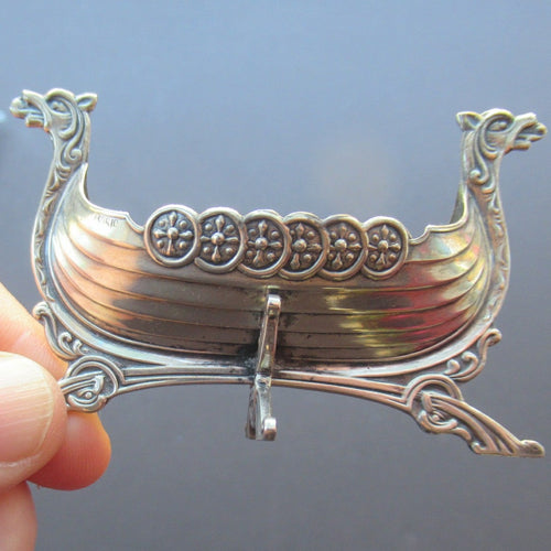 Pair of Norwegian Silver Viking Ship Salt Cellars with Clear Glass Liners