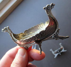 NORWEGIAN SILVER: Pair of Matching Viking Ship Salt Cellars. With Original Clear Glass Liner & Later Additional Spoons