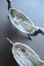 Load image into Gallery viewer, NORWEGIAN SILVER: Pair of Matching Viking Ship Salt Cellars. With Original Clear Glass Liner &amp; Later Additional Spoons
