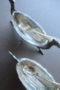 NORWEGIAN SILVER: Pair of Matching Viking Ship Salt Cellars. With Original Clear Glass Liner & Later Additional Spoons