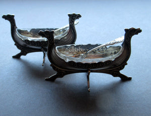 NORWEGIAN SILVER: Pair of Matching Viking Ship Salt Cellars. With Original Clear Glass Liner & Later Additional Spoons