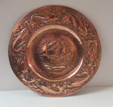 Load image into Gallery viewer, LARGE Antique NEWLYN School Charger. With Central Galleon Motif and a Frieze of Fishes Around the Rim. Inscribed on Reverse
