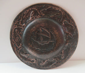 LARGE Antique NEWLYN School Charger. With Central Galleon Motif and a Frieze of Fishes Around the Rim. Inscribed on Reverse