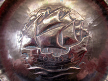 Load image into Gallery viewer, LARGE Antique NEWLYN School Charger. With Central Galleon Motif and a Frieze of Fishes Around the Rim. Inscribed on Reverse
