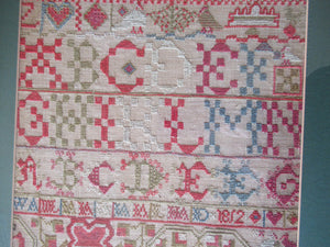 ANTIQUE Embroidered Sampler. Genuine GEORGIAN Textile. With date 1812. Alphabet & Birds Motifs