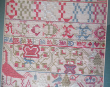 Load image into Gallery viewer, ANTIQUE Embroidered Sampler. Genuine GEORGIAN Textile. With date 1812. Alphabet &amp; Birds Motifs
