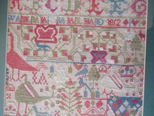 Load image into Gallery viewer, ANTIQUE Embroidered Sampler. Genuine GEORGIAN Textile. With date 1812. Alphabet &amp; Birds Motifs
