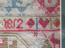Load image into Gallery viewer, ANTIQUE Embroidered Sampler. Genuine GEORGIAN Textile. With date 1812. Alphabet &amp; Birds Motifs
