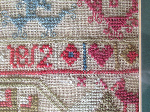 ANTIQUE Embroidered Sampler. Genuine GEORGIAN Textile. With date 1812. Alphabet & Birds Motifs