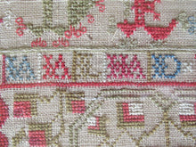 Load image into Gallery viewer, ANTIQUE Embroidered Sampler. Genuine GEORGIAN Textile. With date 1812. Alphabet &amp; Birds Motifs
