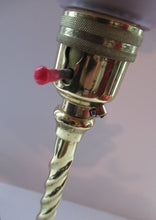Load image into Gallery viewer, Antique ART NOUVEAU Brass Table Lamp with Cranberry Coloured Glass Frilly Shade
