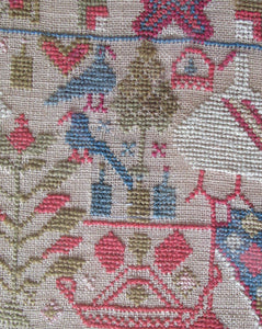 ANTIQUE Embroidered Sampler. Genuine GEORGIAN Textile. With date 1812. Alphabet & Birds Motifs
