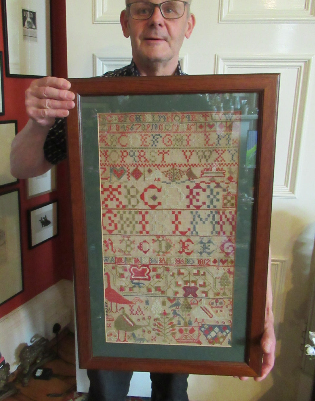 ANTIQUE Embroidered Sampler. Genuine GEORGIAN Textile. With date 1812. Alphabet & Birds Motifs