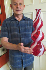 Fabulous Space Age Alrose / Empoli Italian Glass Genie Bottle Vase. Red and White Candy Stripes