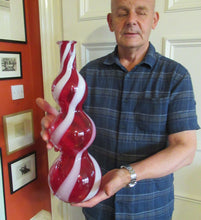 Load image into Gallery viewer, Fabulous Space Age Alrose / Empoli Italian Glass Genie Bottle Vase. Red and White Candy Stripes
