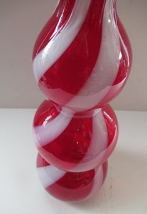Fabulous Space Age Alrose / Empoli Italian Glass Genie Bottle Vase. Red and White Candy Stripes