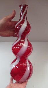Fabulous Space Age Alrose / Empoli Italian Glass Genie Bottle Vase. Red and White Candy Stripes