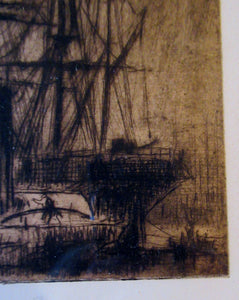 Frank Brangwyn Drypoint Etching. Towing a Ship. Pencil Signed