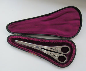  Victorian SOLID SILVER Grape Scissors  in Fitted Leather Case