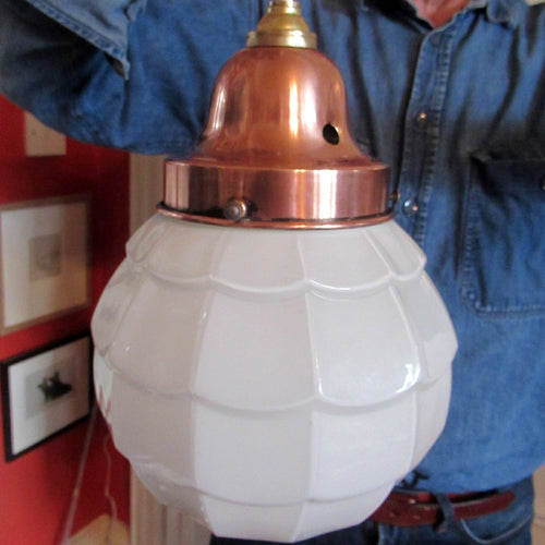 1930s Art Deco White Glass Pendant Hanging LIght Shade with Copper Fittings