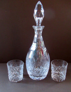 EDINBURGH CRYSTAL. IONA Pattern Vintage Round Wine Decanter. Etched signature to base. Two Whisky Tumblers