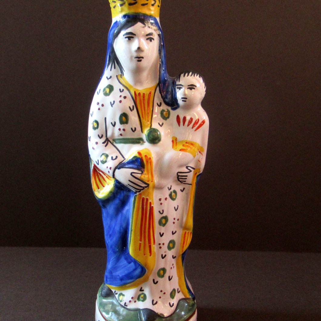 Antique Quimper Faience Figurine of the Madonna and Child / Virgin Mary and Baby Jesus