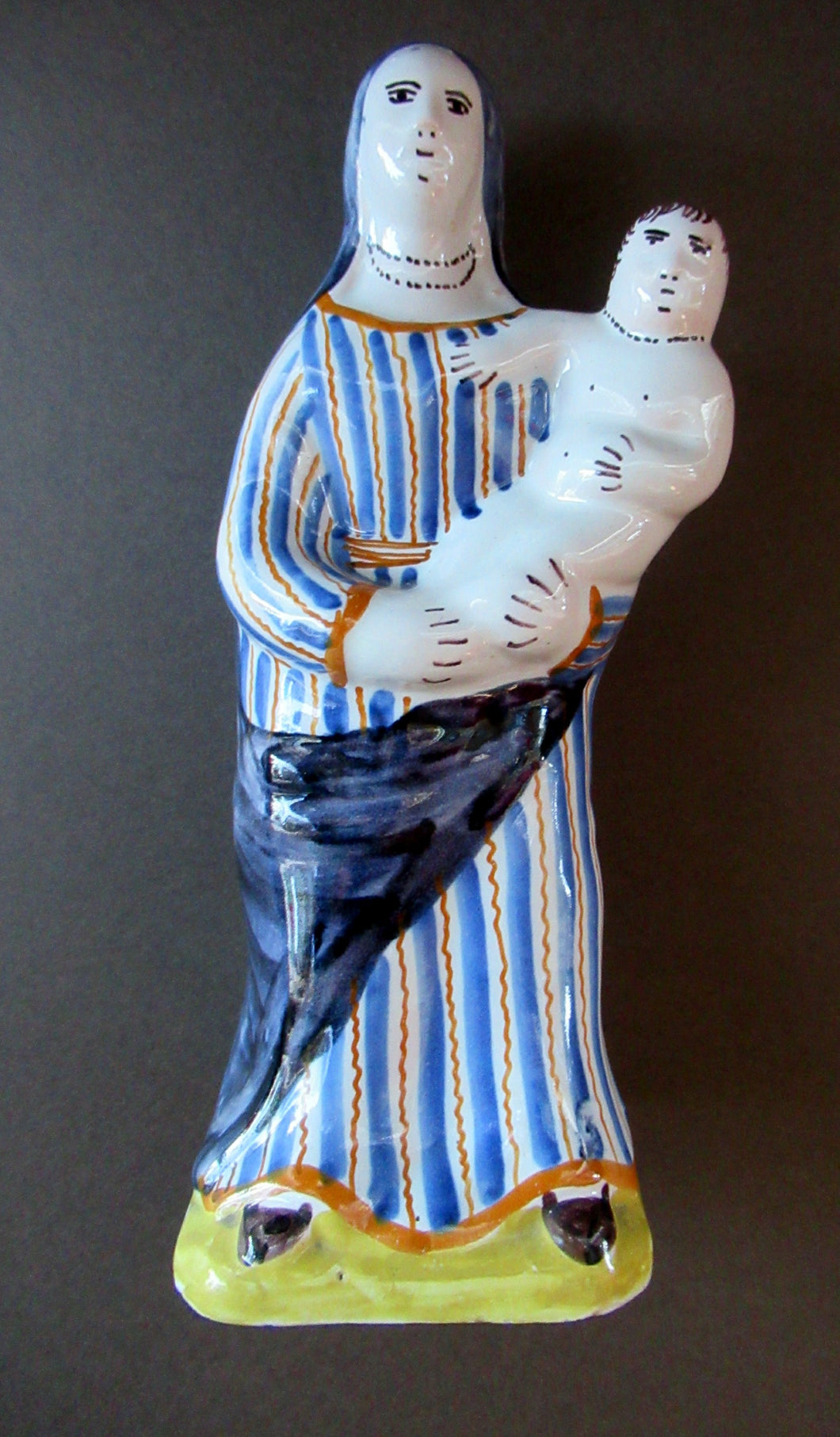 Antique French Quimper Faience Figurine of the Madonna and Child