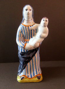 Antique French Quimper Faience Figurine of the Madonna and Child