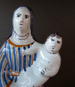 Antique French Quimper Faience Figurine of the Madonna and Child