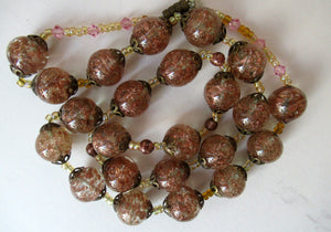 Vintage Gold Aventurine Murano Glass Bead Necklace. Total Length 24 inches
