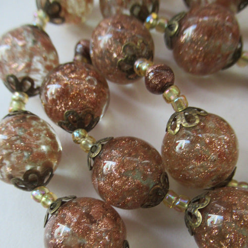 Vintage Gold Aventurine Murano Glass Bead Necklace. Total Length 24 inches