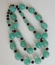 Load image into Gallery viewer, Vintage Pale Aqua Green Swirls and Gold Aventurine Murano Glass Bead Neckla
