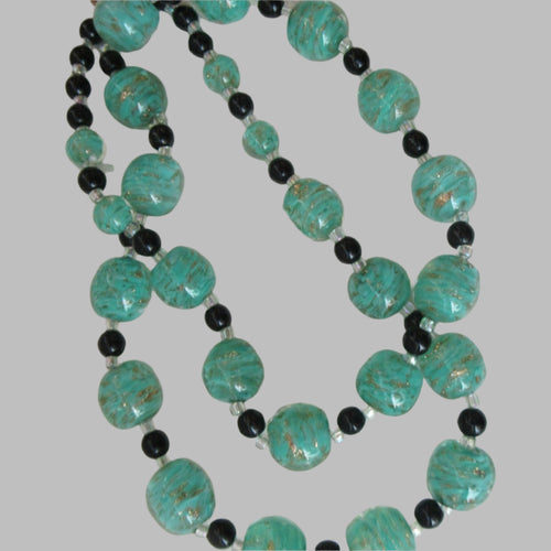 Vintage Pale Aqua Green Swirls and Gold Aventurine Murano Glass Bead Neckla