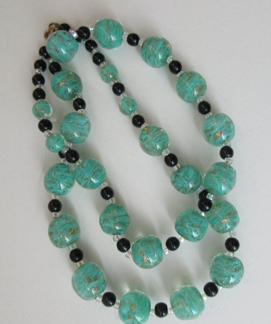 Vintage Pale Aqua Green Swirls and Gold Aventurine Murano Glass Bead Neckla