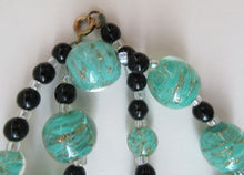 Load image into Gallery viewer, Vintage Pale Aqua Green Swirls and Gold Aventurine Murano Glass Bead Neckla
