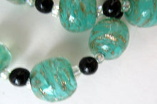 Load image into Gallery viewer, Vintage Pale Aqua Green Swirls and Gold Aventurine Murano Glass Bead Neckla
