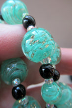Load image into Gallery viewer, Vintage Pale Aqua Green Swirls and Gold Aventurine Murano Glass Bead Neckla
