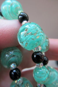 Vintage Pale Aqua Green Swirls and Gold Aventurine Murano Glass Bead Neckla