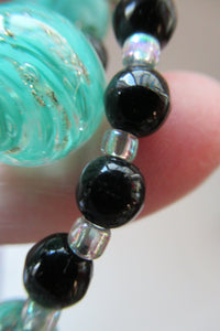 Vintage Pale Aqua Green Swirls and Gold Aventurine Murano Glass Bead Neckla