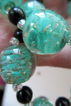 Load image into Gallery viewer, Vintage Pale Aqua Green Swirls and Gold Aventurine Murano Glass Bead Neckla
