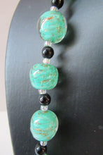 Load image into Gallery viewer, Vintage Pale Aqua Green Swirls and Gold Aventurine Murano Glass Bead Neckla
